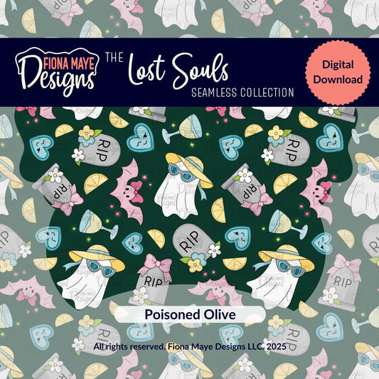 Patterned design with ghosts, tombstones, and flowers by Fiona Maye Designs on a green background.