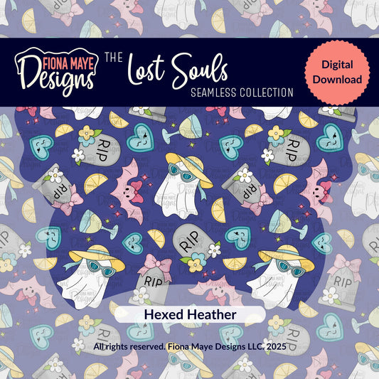 Patterned design with ghosts, tombstones, and flowers on a royal purple background with 'Fiona Maye Designs' branding.