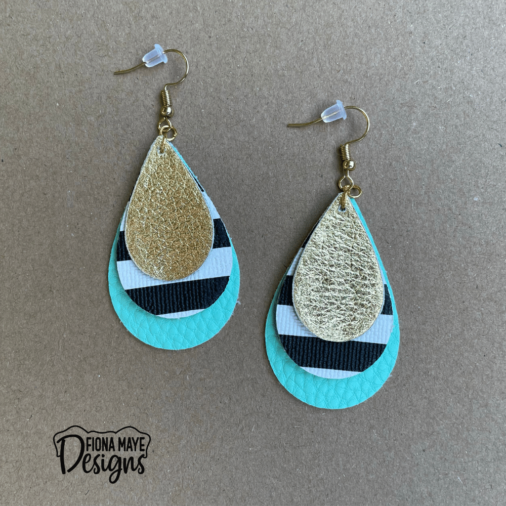 Aqua & Gold Faux Leather Earrings